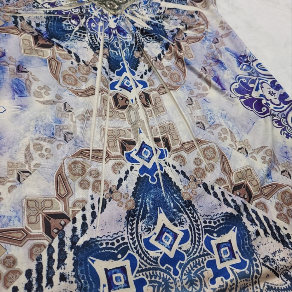 Apt. 9 Blue Cream Tan Design Beaded Detail Sleeveless Stretch Tunic Blouse Sz S - Picture 6 of 9